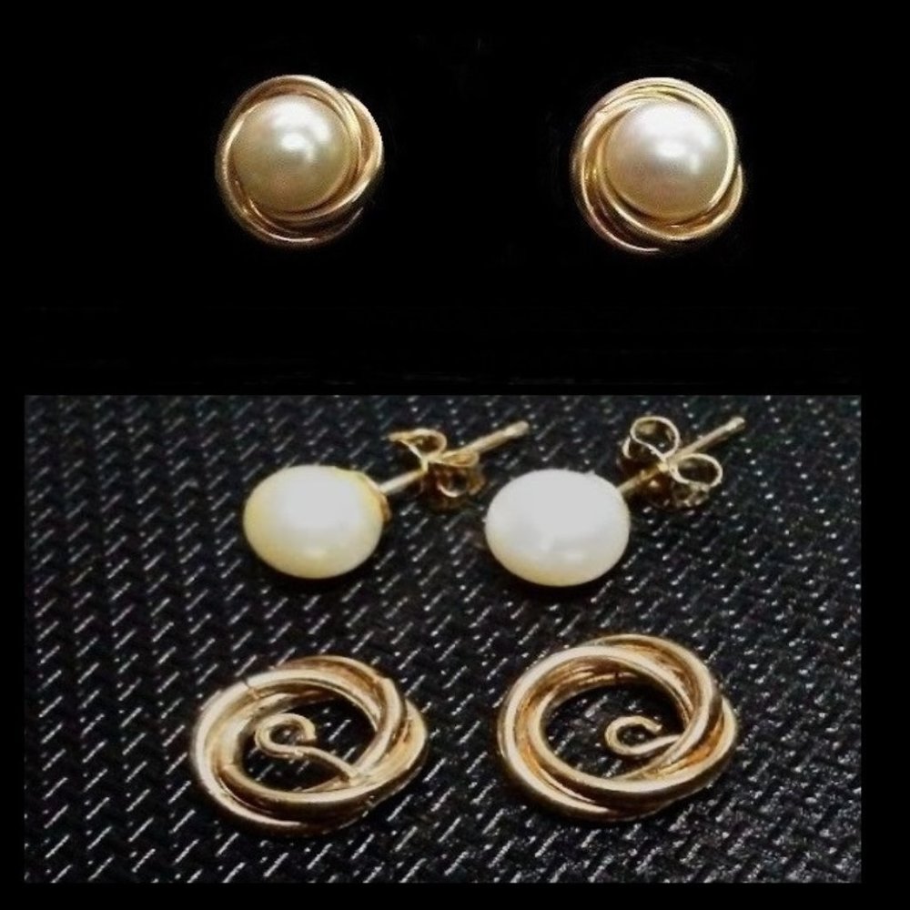 Solid 14k Yellow Gold Knot Enhancers Round White Pearl Stud Earrings